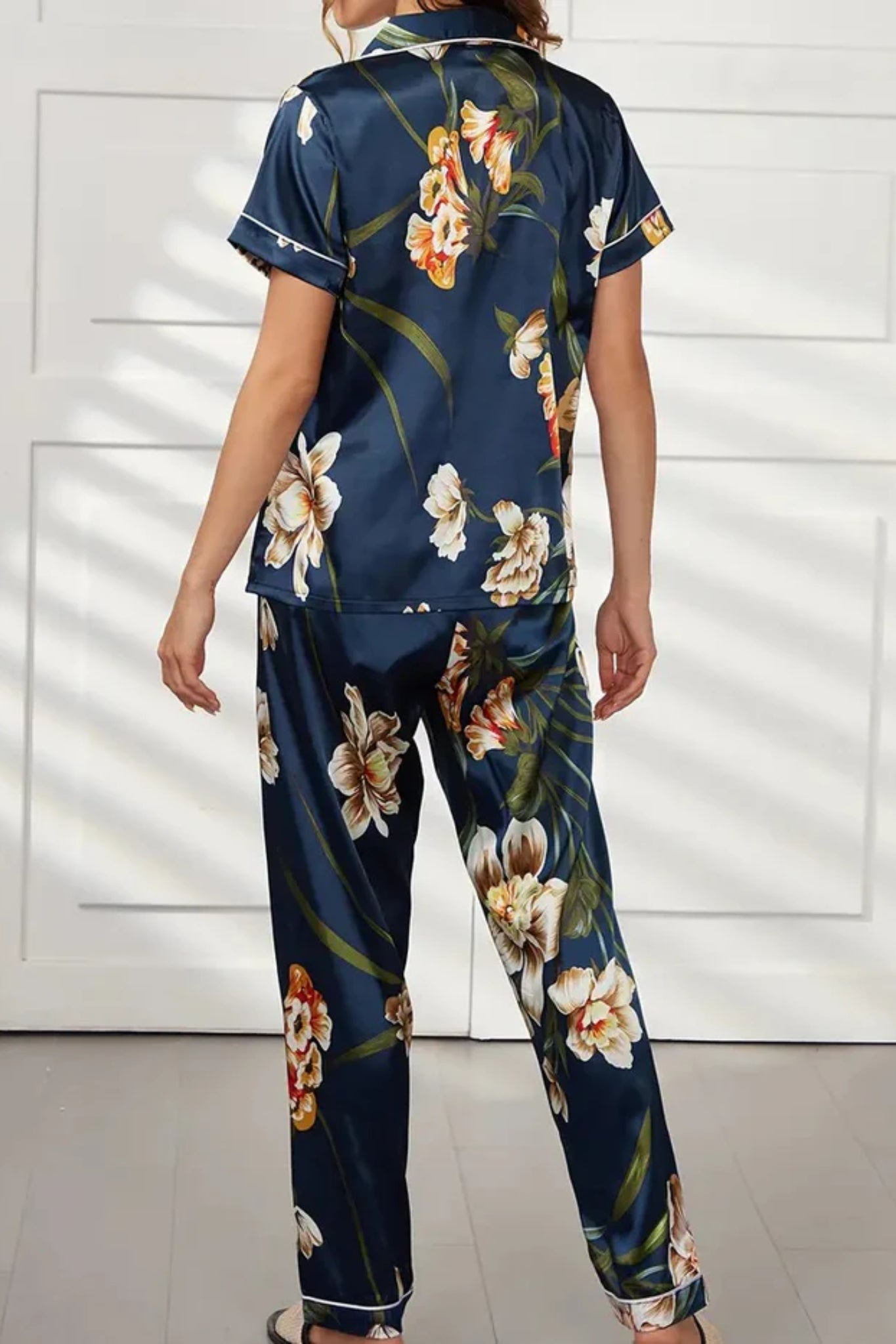 Navy Blue Printed Flower Designer Straight Night Suit