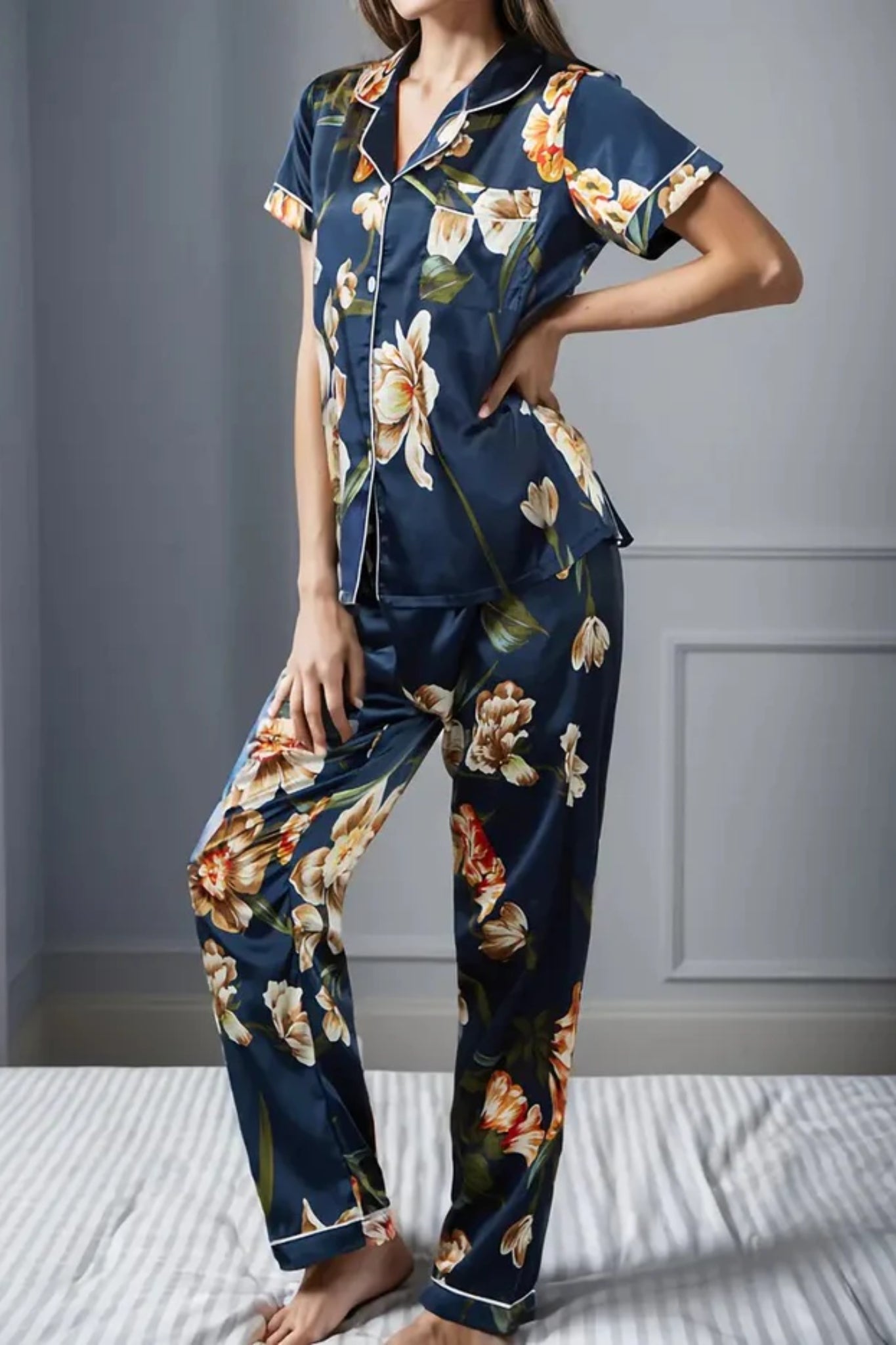 Navy Blue Printed Flower Designer Straight Night Suit