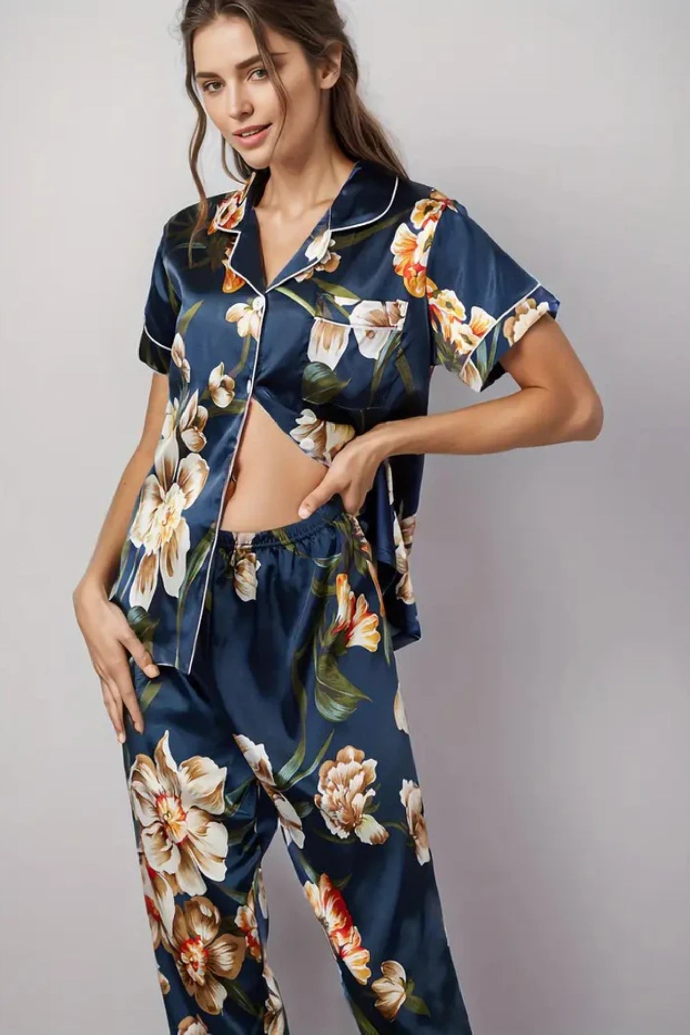 Navy Blue Printed Flower Designer Straight Night Suit