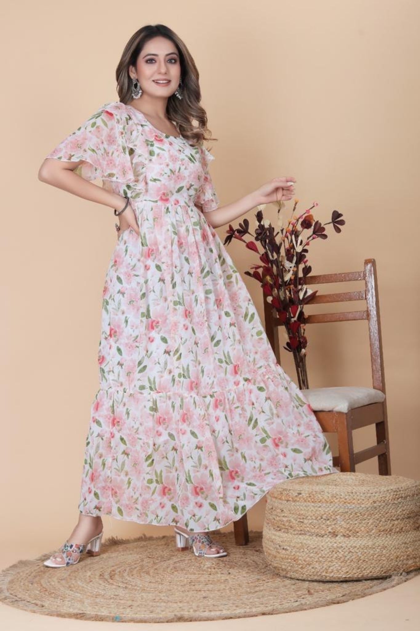 Flower Pink Long Maxi Dress